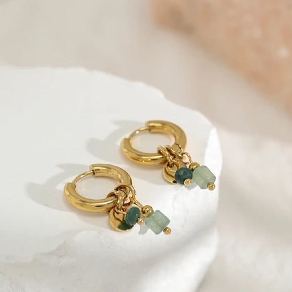 NEW 14k Gold Plated Stainless Steel Natural Jade Crystal Stone Hoop Earrings - Picture 4 of 7
